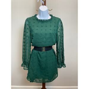 Adibosy Green Chiffon Blouson Dress Embroidered Polka Dot Puff Sleeve Size M NWT